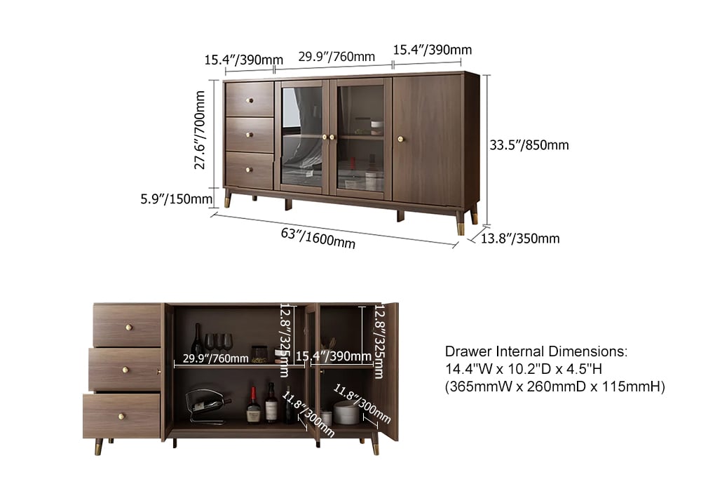 HMR - Ultic Modern Rectangle Sideboard Buffet with Ample Storages & Doors in Walnut