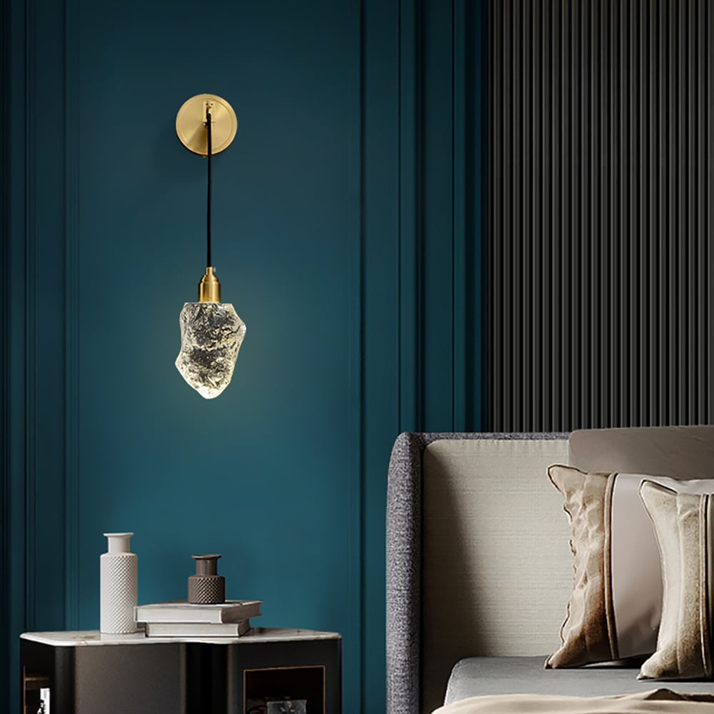 HMR - Gold Brass Wall Sconce Hanging Wall Light with Crystal Shade & Adjustable Cable