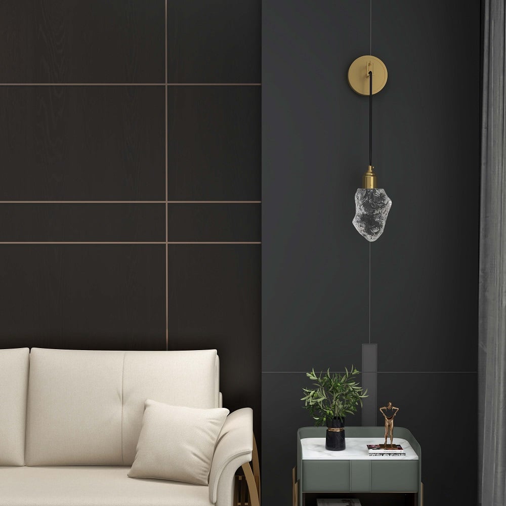 HMR - Gold Brass Wall Sconce Hanging Wall Light with Crystal Shade & Adjustable Cable