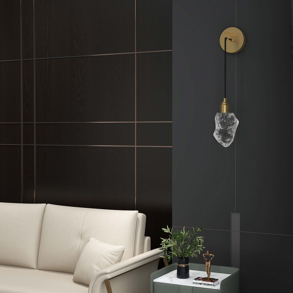 HMR - Gold Brass Wall Sconce Hanging Wall Light with Crystal Shade & Adjustable Cable
