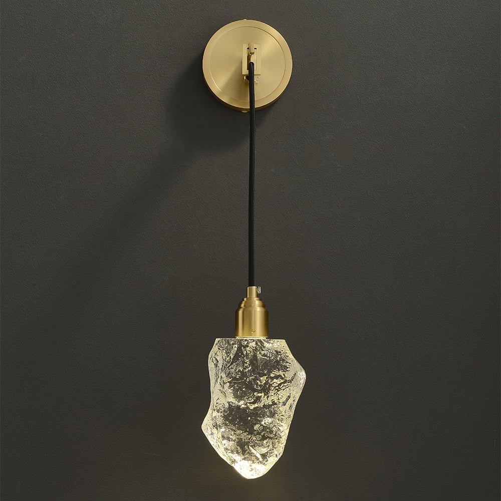 HMR - Gold Brass Wall Sconce Hanging Wall Light with Crystal Shade & Adjustable Cable