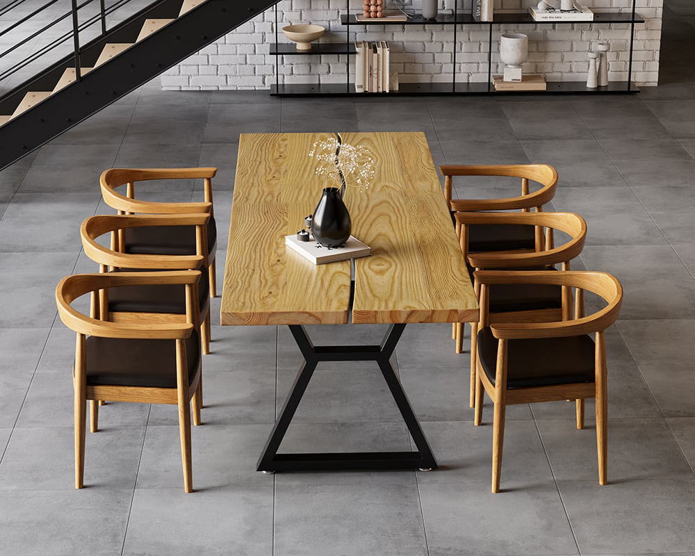 HMR - Farmhouse Dining Table with Wood Top and Metal Frame in 70.9"L