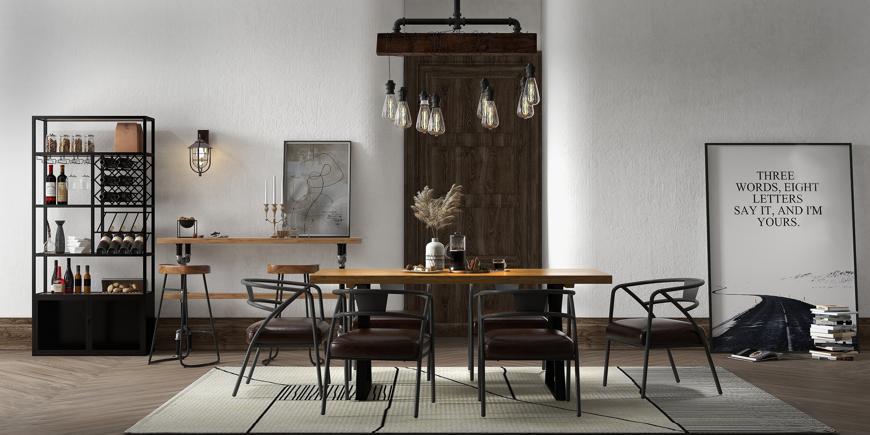 HMR - Farmhouse Dining Table with Wood Top and Metal Frame in 70.9"L