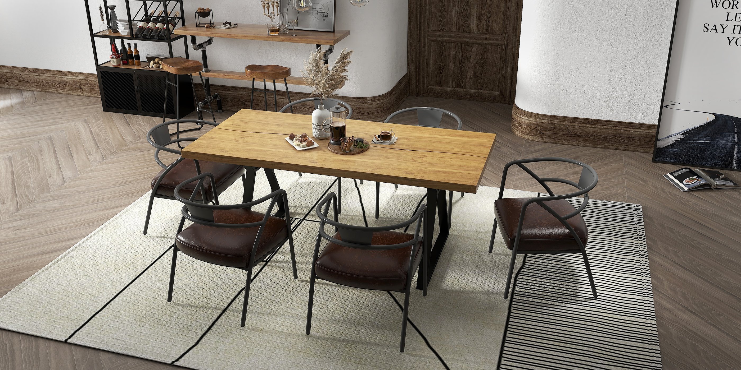 HMR - Farmhouse Dining Table with Wood Top and Metal Frame in 70.9"L