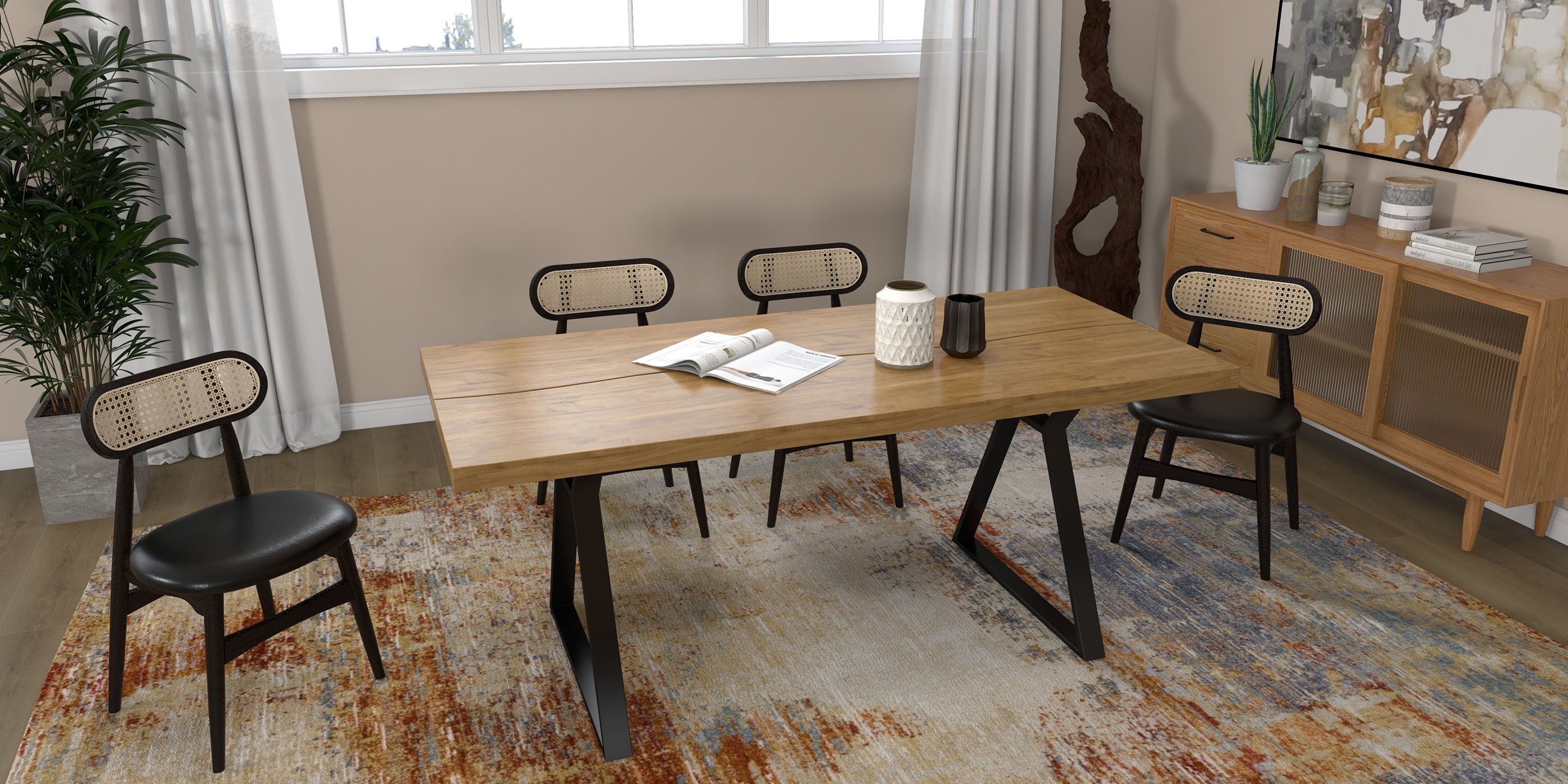 HMR - Farmhouse Dining Table with Wood Top and Metal Frame in 70.9"L