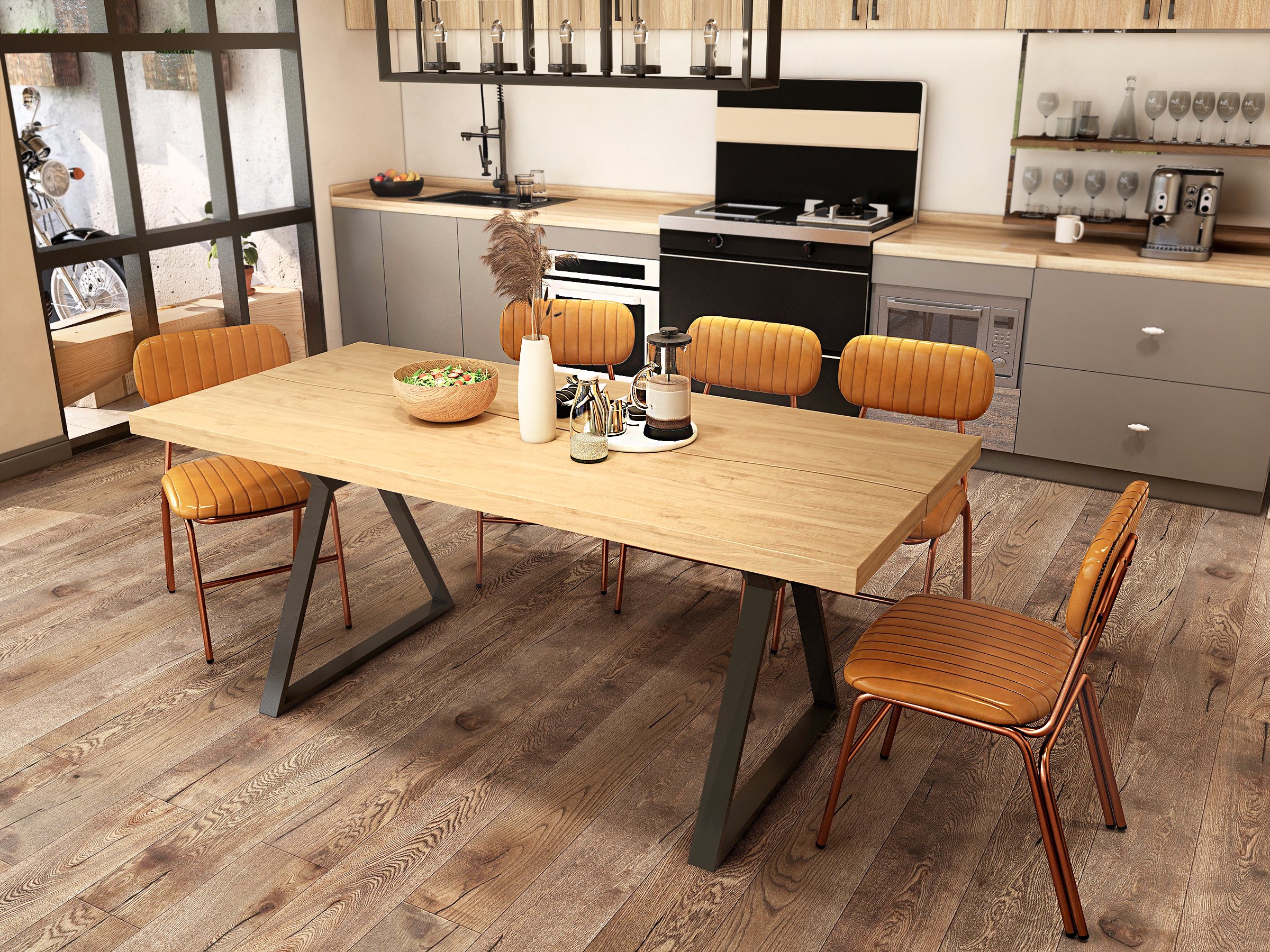 HMR - Farmhouse Dining Table with Wood Top and Metal Frame in 70.9"L