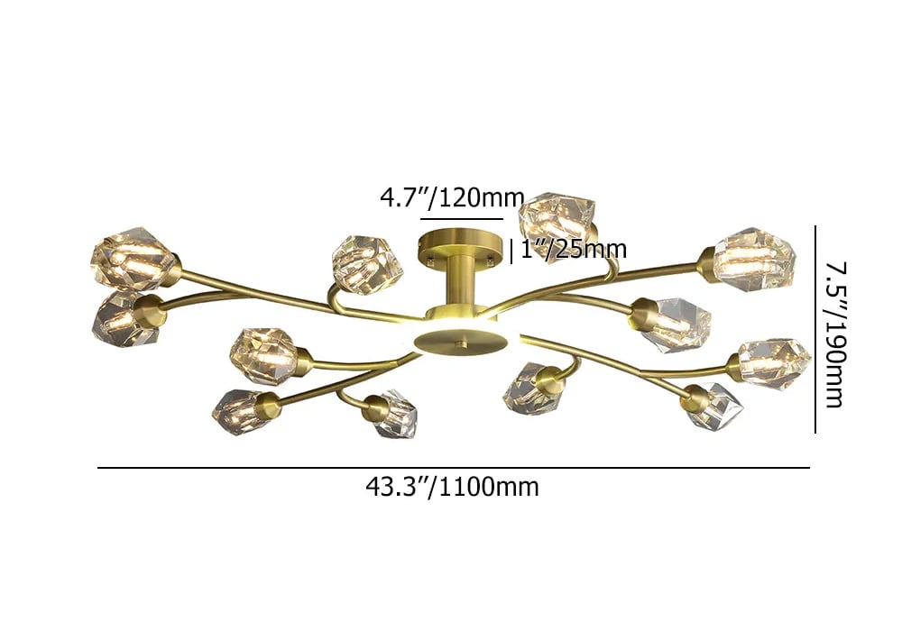 HMR - Kris Brass 12-Light Sputnik Crystal Semi-Flush Mount Light for Living Room