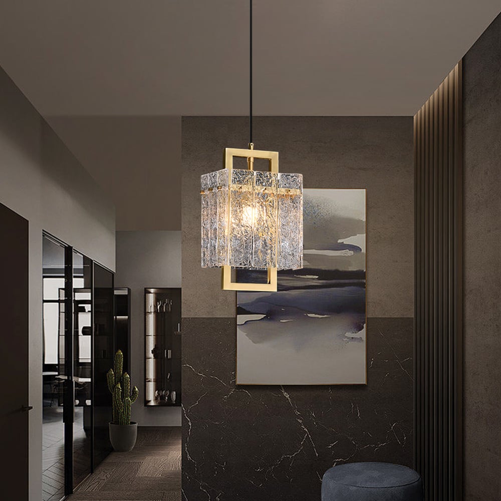 HMR - Jewell 1-Light Brass Geometric Pendant Light with Water-ripple Glass Shade