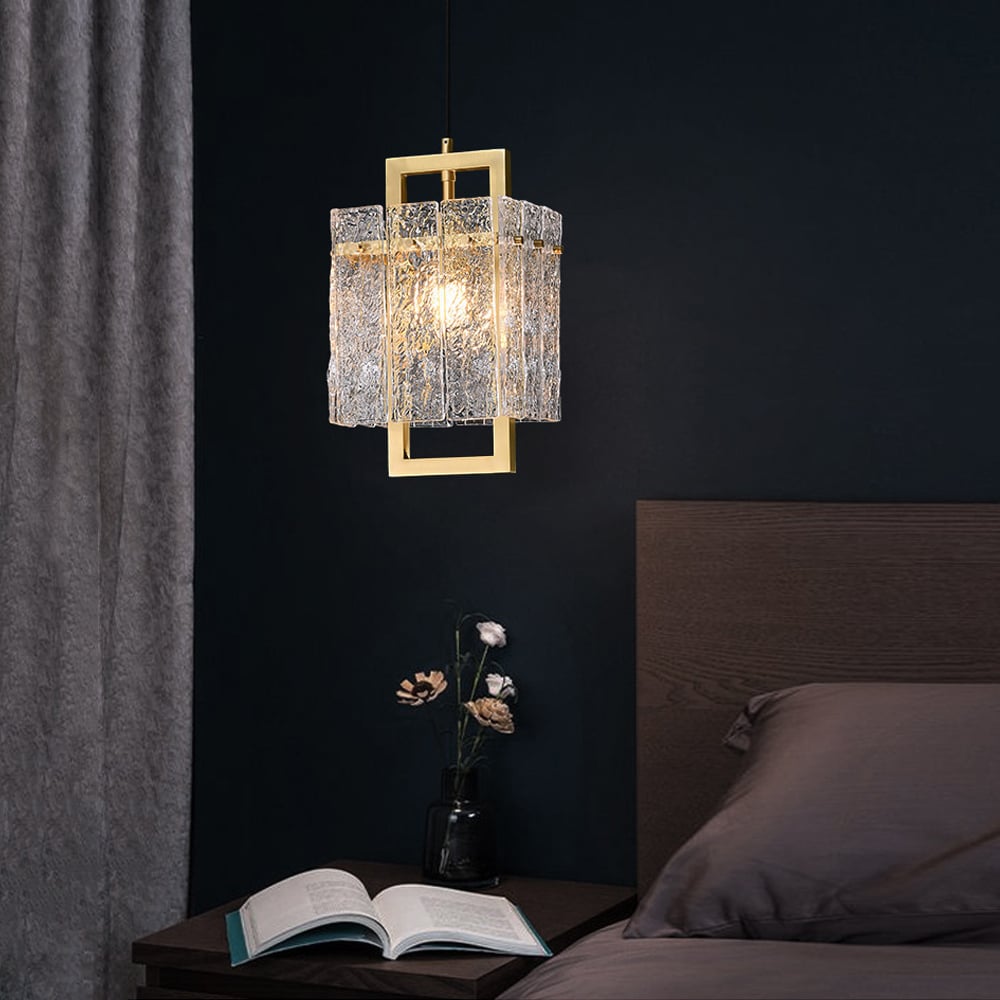 HMR - Jewell 1-Light Brass Geometric Pendant Light with Water-ripple Glass Shade