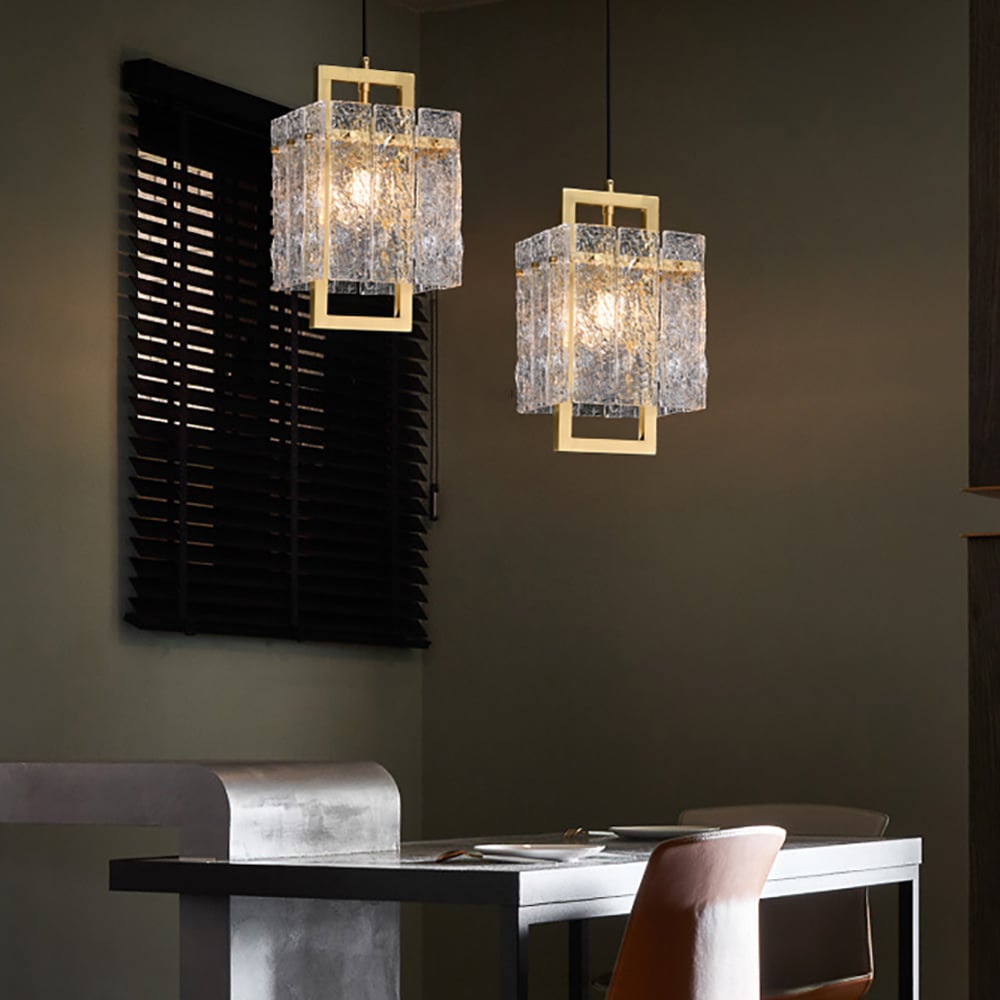 HMR - Jewell 1-Light Brass Geometric Pendant Light with Water-ripple Glass Shade