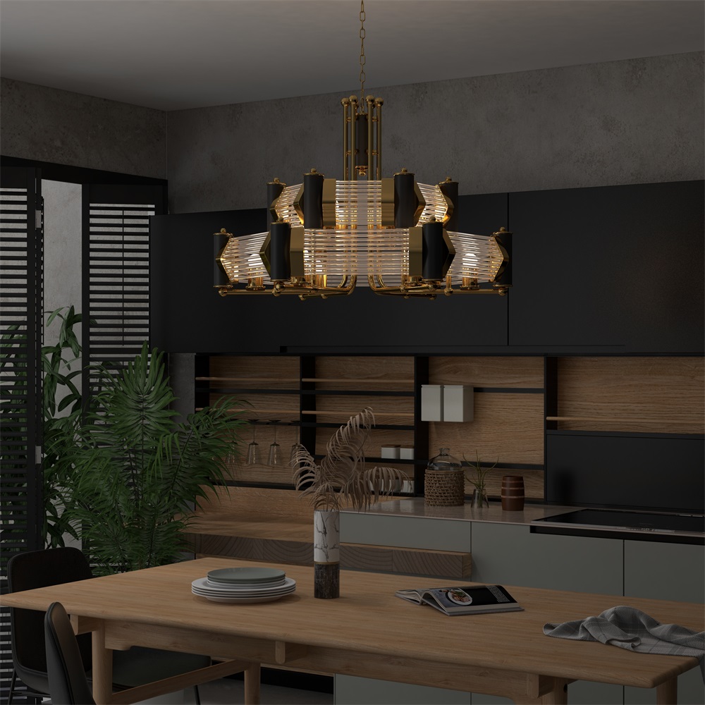 HMR - Modern Tiered Chandelier Ceiling Light with Adjustable Height in Black & Gold