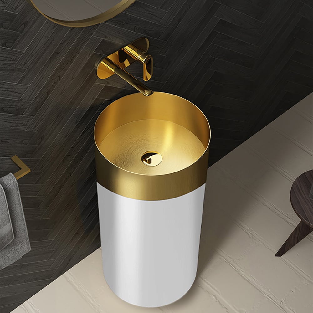 HMR Modern Luxury Round Stainless Steel Sink Pedestal Sink Freestanding - Gold & White