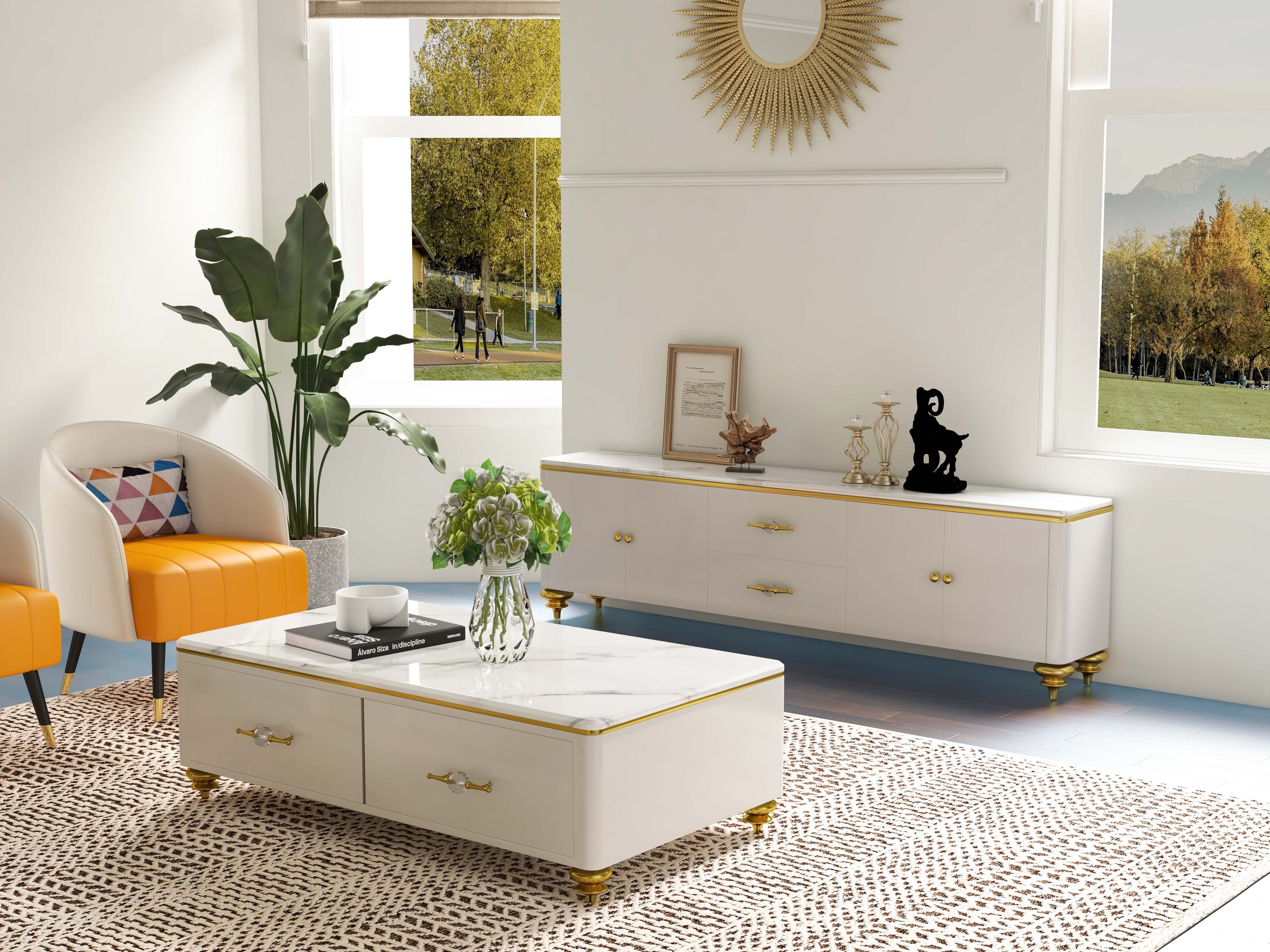 HMR Chift Modern TV Stand 4-Door 2-Drawer Luxurious Media Console for TVs Up to 85" - White