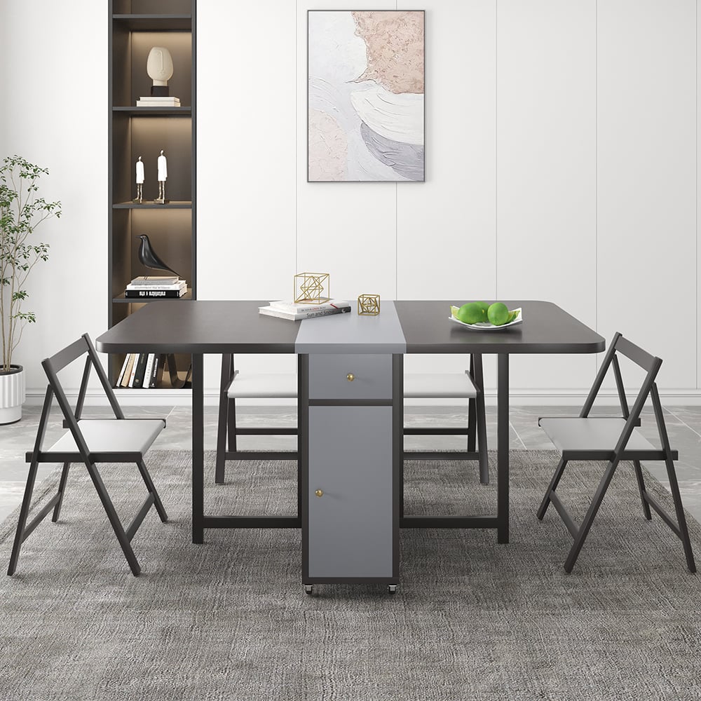 HMR - Dining Set 13"-59" Modern Rectangle Folding Wood Dining Table with 4 Chairs