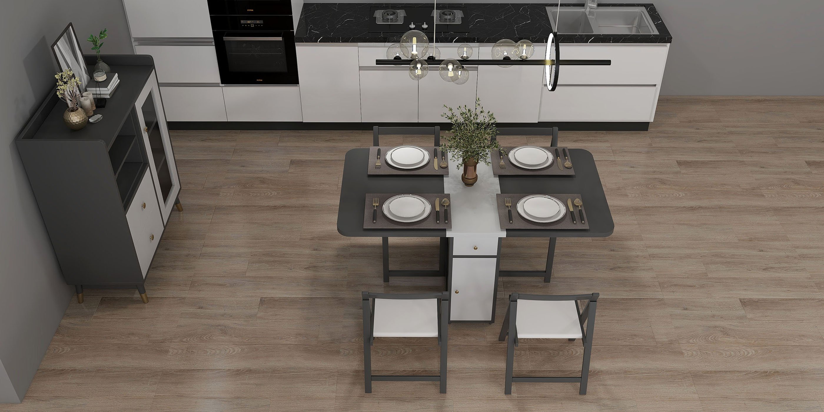 HMR - Dining Set 13"-59" Modern Rectangle Folding Wood Dining Table with 4 Chairs