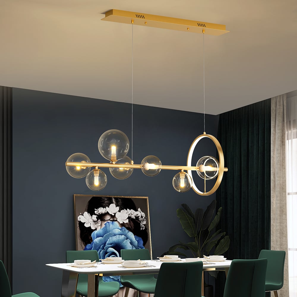 HMR Bubi Modern Linear Kitchen Island Light with Glass Globe Shade - Gold, 7-Light