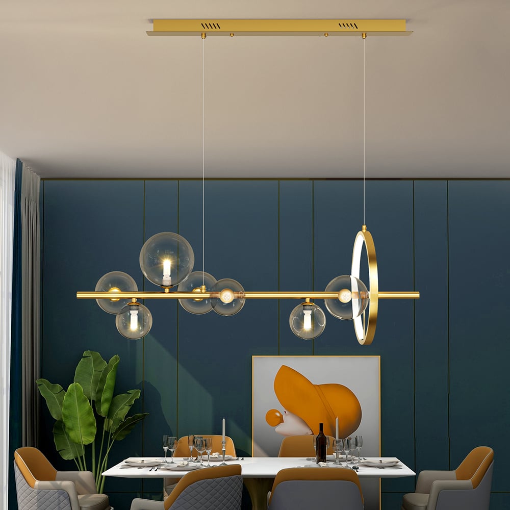 HMR Bubi Modern Linear Kitchen Island Light with Glass Globe Shade - Gold, 7-Light