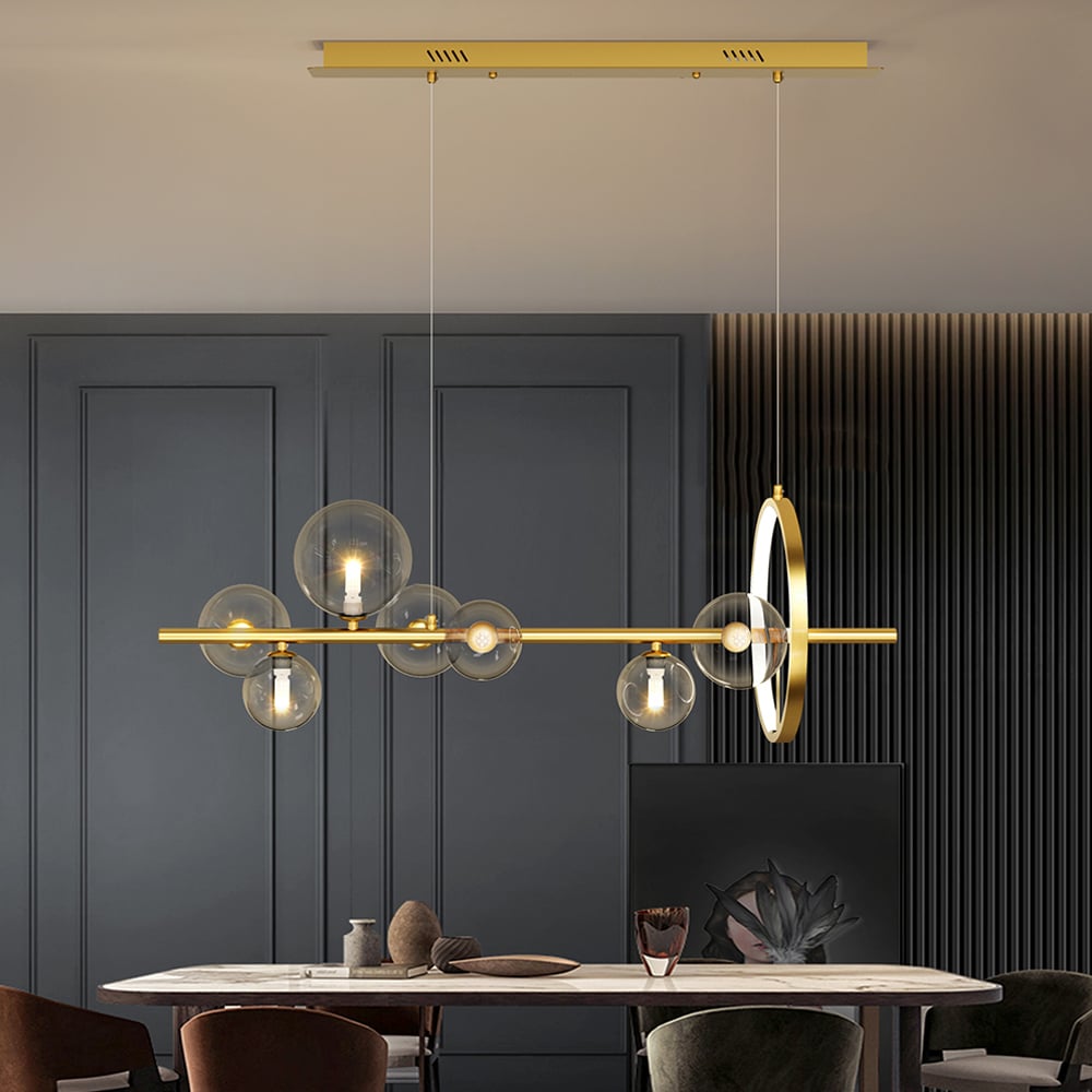HMR Bubi Modern Linear Kitchen Island Light with Glass Globe Shade - Gold, 7-Light