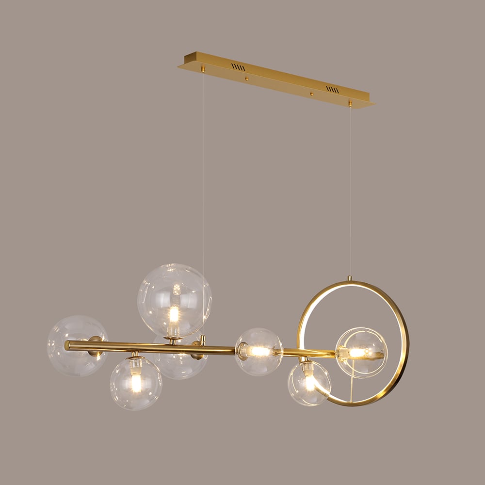 HMR Bubi Modern Linear Kitchen Island Light with Glass Globe Shade - Gold, 7-Light