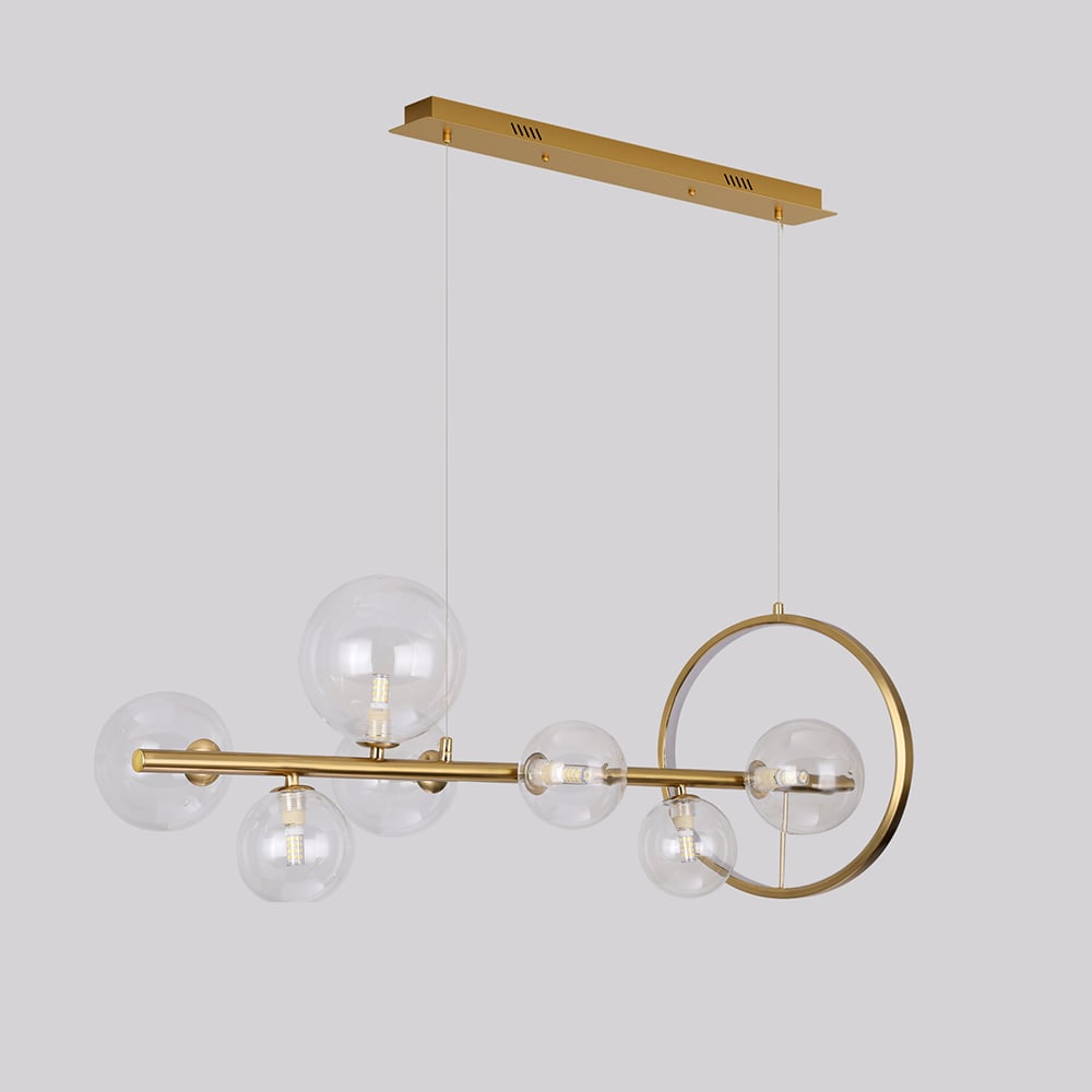 HMR Bubi Modern Linear Kitchen Island Light with Glass Globe Shade - Gold, 7-Light