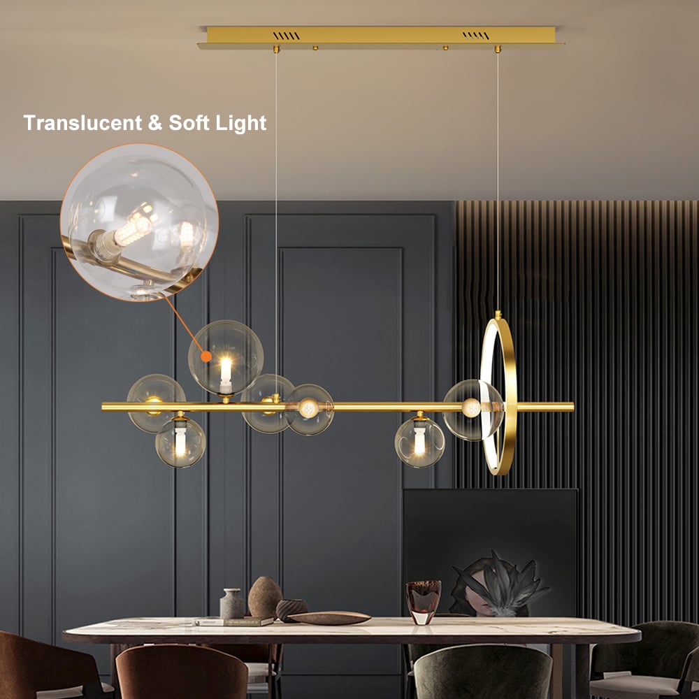 HMR Bubi Modern Linear Kitchen Island Light with Glass Globe Shade - Gold, 7-Light