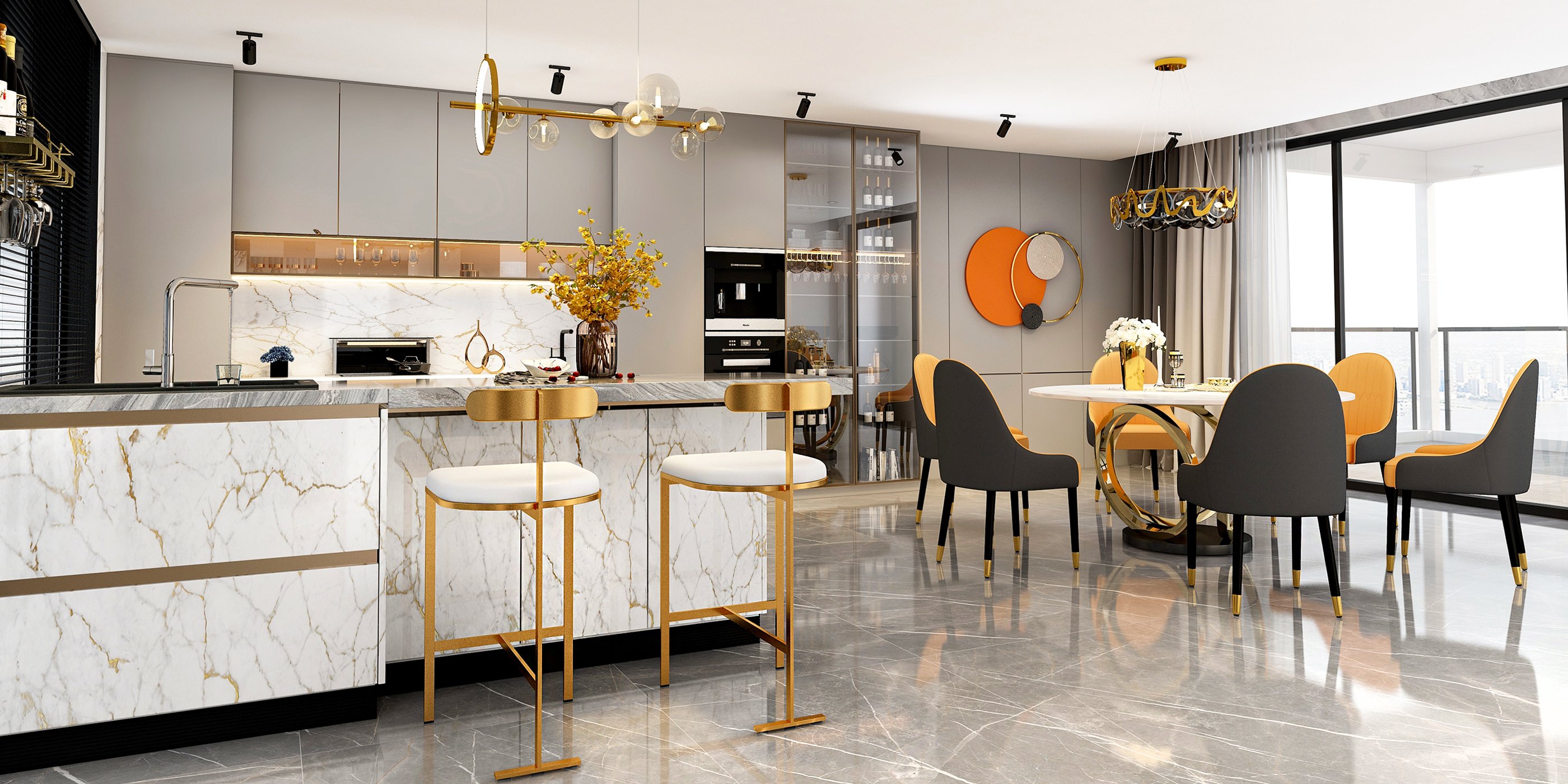 HMR Bubi Modern Linear Kitchen Island Light with Glass Globe Shade - Gold, 7-Light