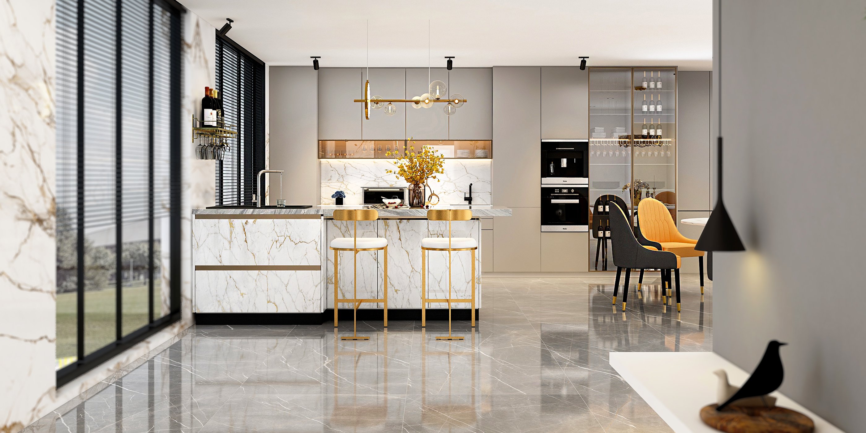 HMR Bubi Modern Linear Kitchen Island Light with Glass Globe Shade - Gold, 7-Light