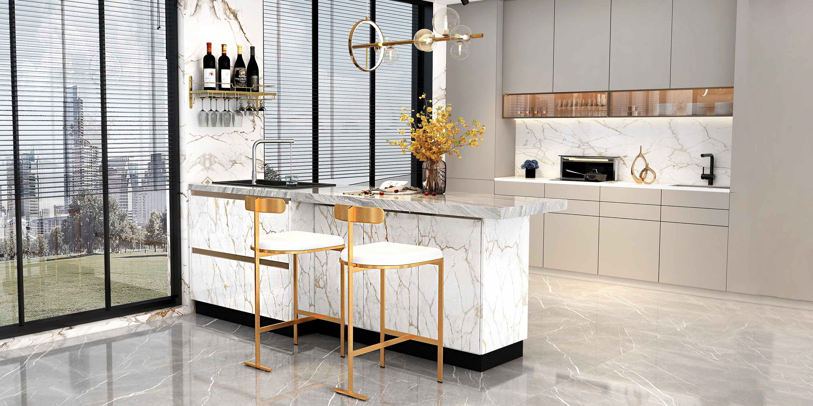 HMR Bubi Modern Linear Kitchen Island Light with Glass Globe Shade - Gold, 7-Light