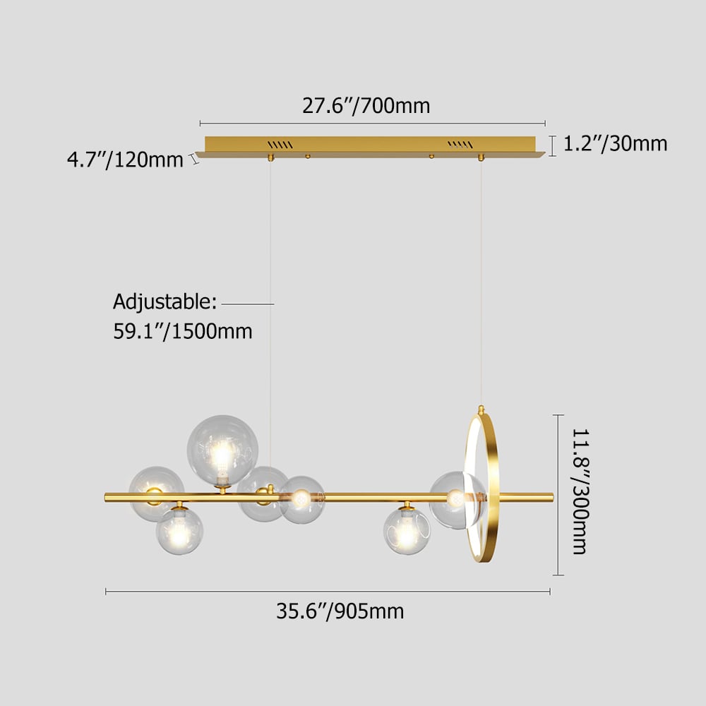 HMR Bubi Modern Linear Kitchen Island Light with Glass Globe Shade - Gold, 7-Light