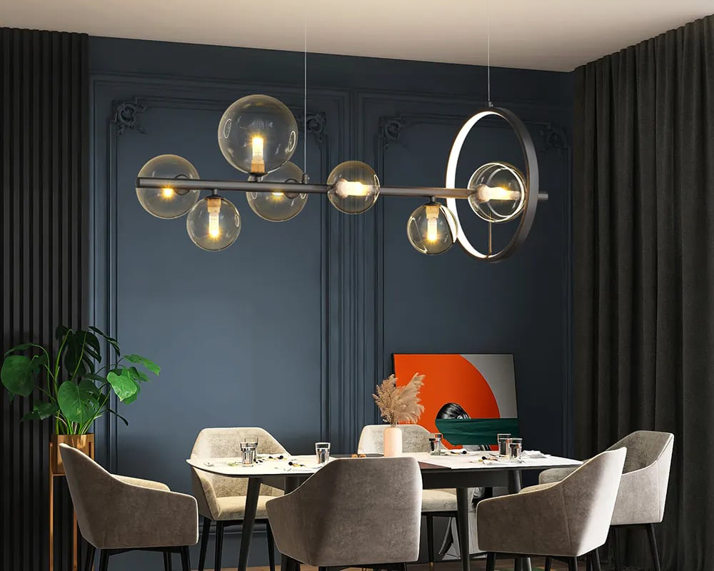 HMR Bubi Modern Linear Kitchen Island Light with Glass Globe Shade - Black, 7-Light
