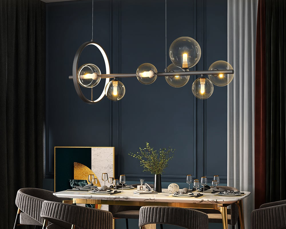 HMR Bubi Modern Linear Kitchen Island Light with Glass Globe Shade - Black, 7-Light