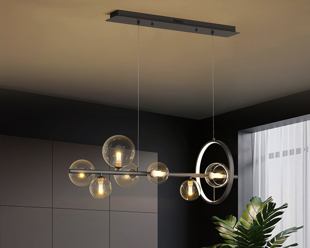 HMR Bubi Modern Linear Kitchen Island Light with Glass Globe Shade - Black, 7-Light