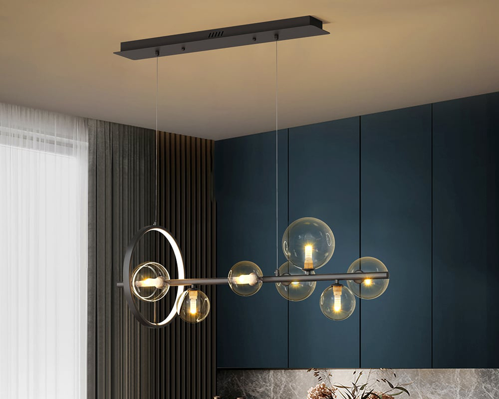 HMR Bubi Modern Linear Kitchen Island Light with Glass Globe Shade - Black, 7-Light