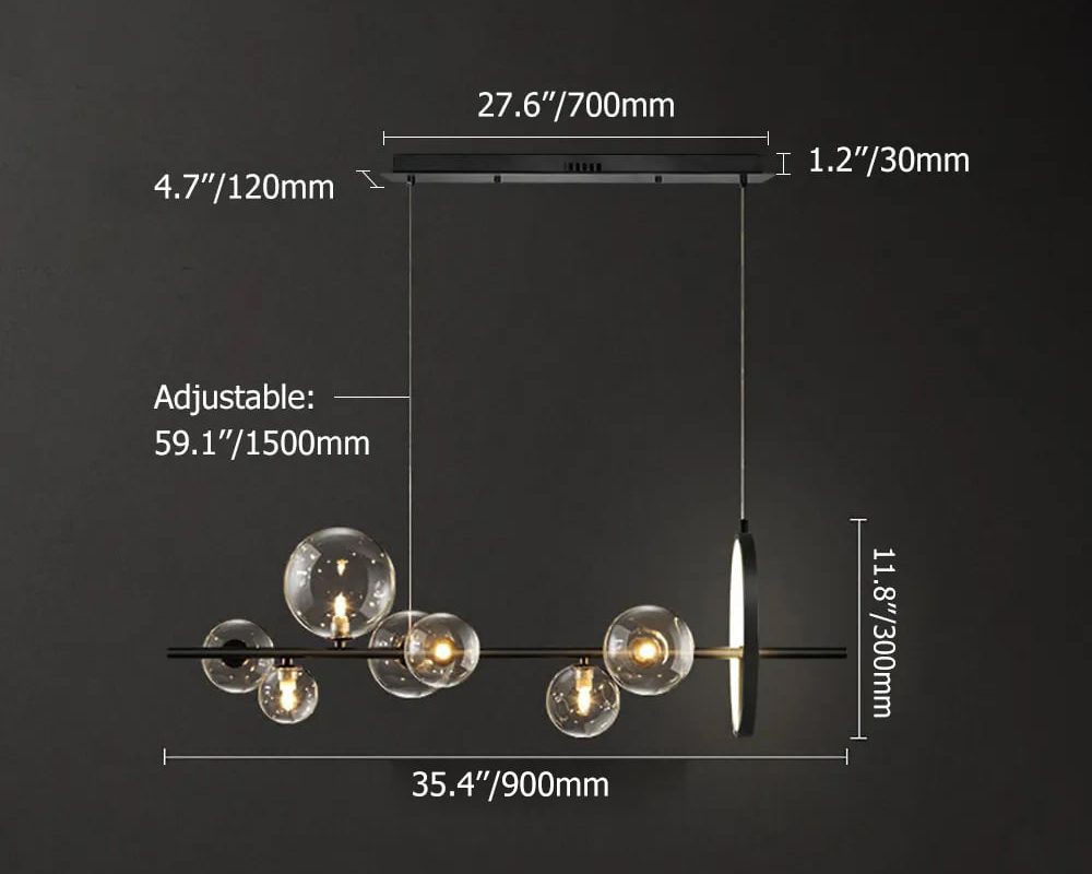 HMR Bubi Modern Linear Kitchen Island Light with Glass Globe Shade - Black, 7-Light
