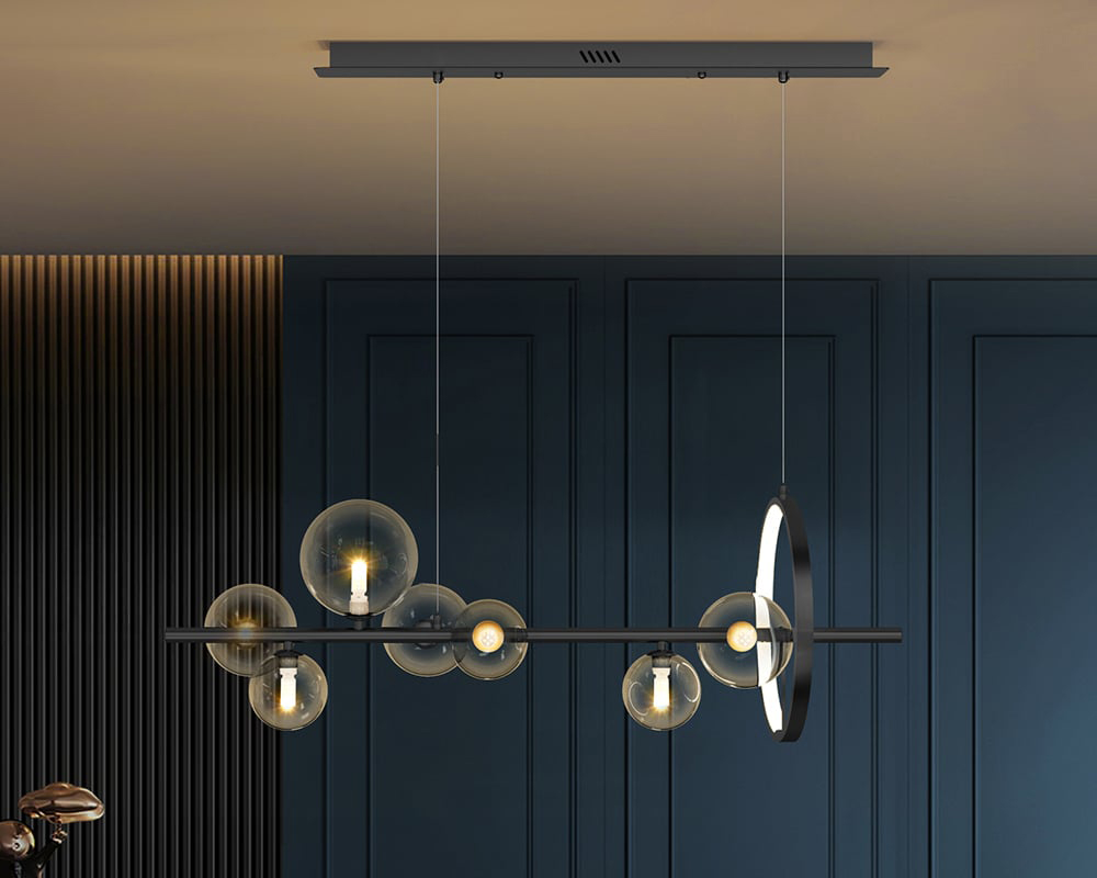 HMR Bubi Modern Linear Kitchen Island Light with Glass Globe Shade - Black, 7-Light
