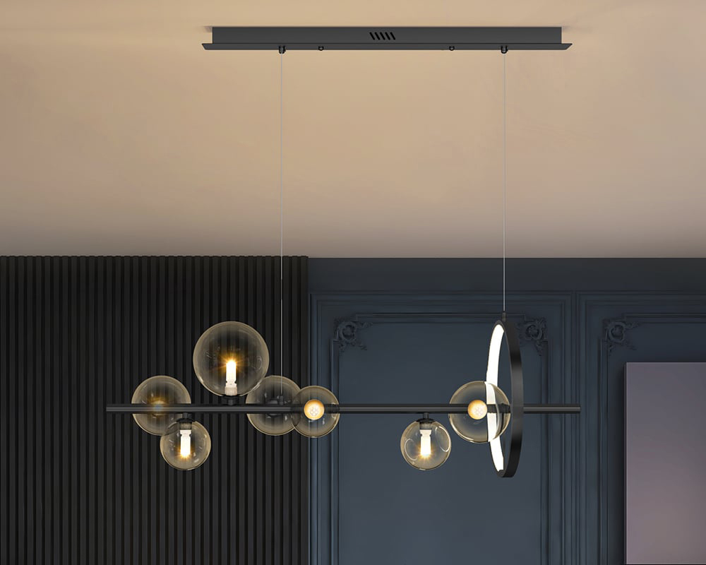 HMR Bubi Modern Linear Kitchen Island Light with Glass Globe Shade - Black, 7-Light