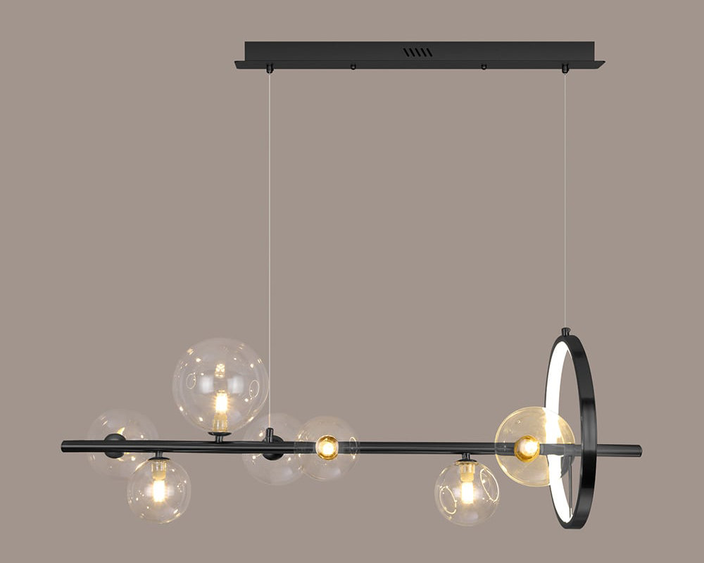 HMR Bubi Modern Linear Kitchen Island Light with Glass Globe Shade - Black, 7-Light