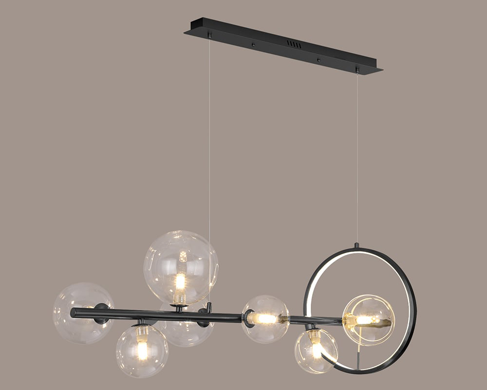 HMR Bubi Modern Linear Kitchen Island Light with Glass Globe Shade - Black, 7-Light