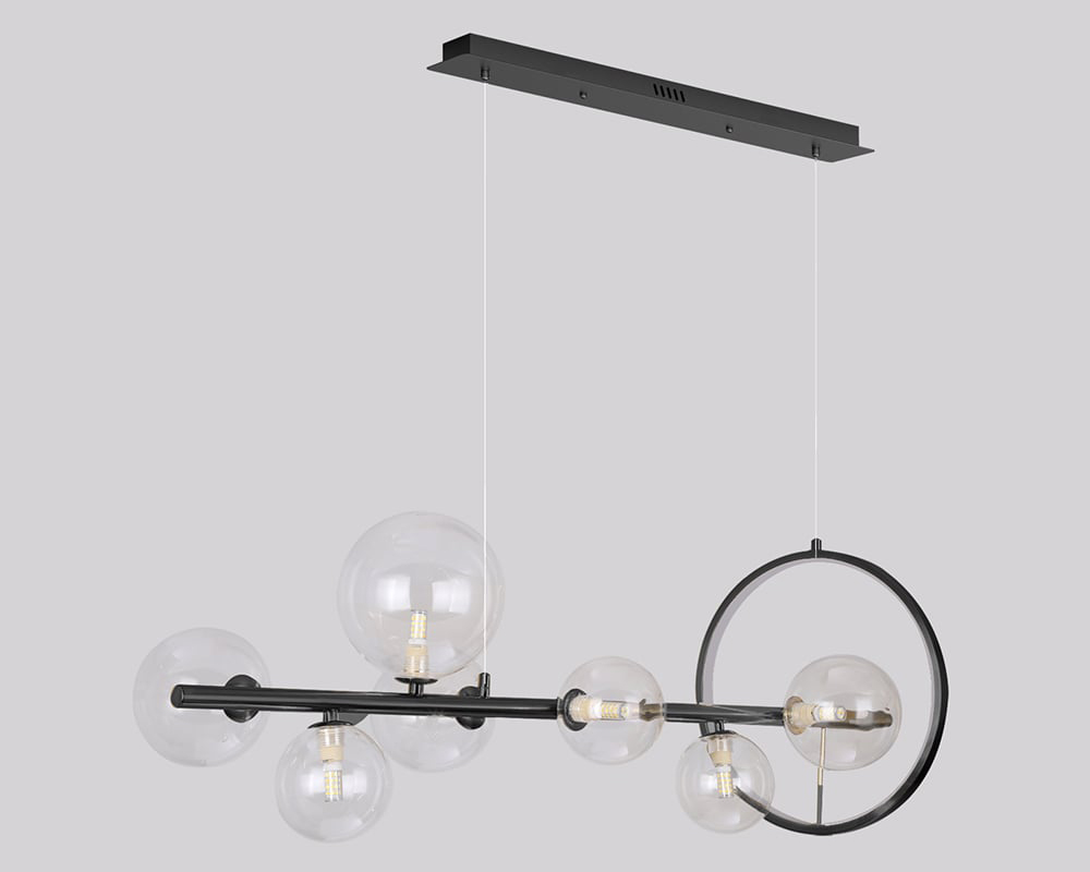 HMR Bubi Modern Linear Kitchen Island Light with Glass Globe Shade - Black, 7-Light
