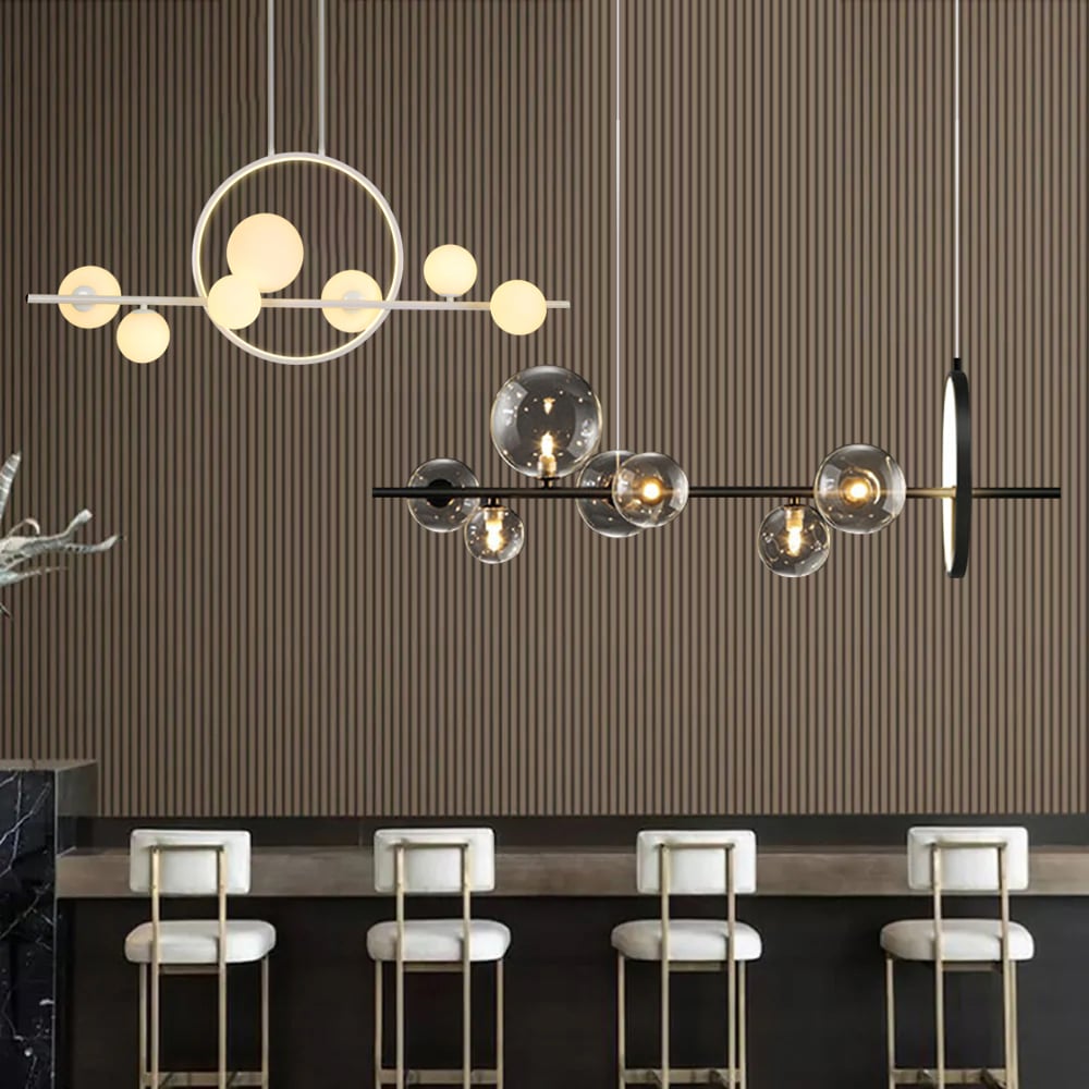 HMR Bubi Modern Linear Kitchen Island Light with Glass Globe Shade - Black, 7-Light