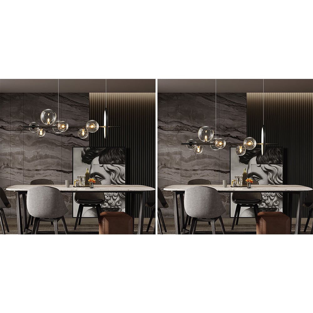 HMR Bubi Modern Linear Kitchen Island Light with Glass Globe Shade - Black, 7-Light