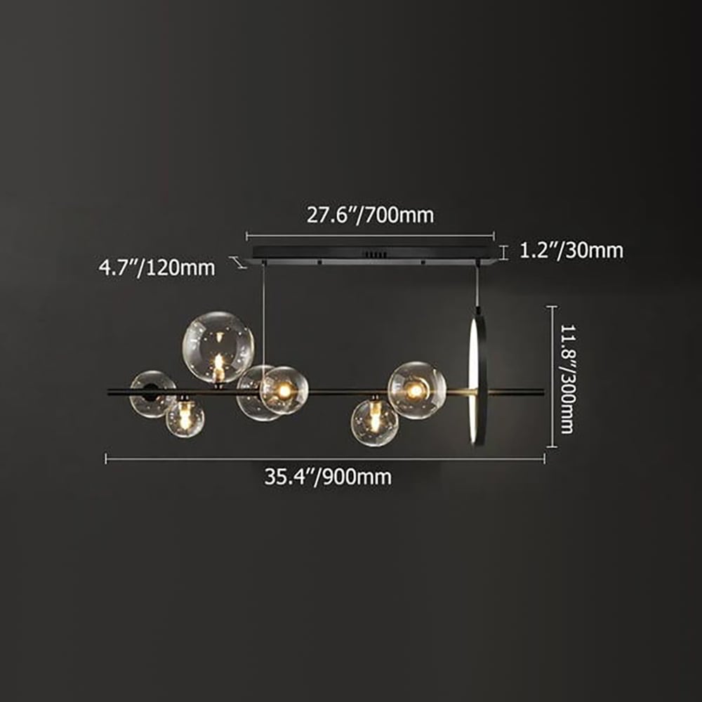 HMR Bubi Modern Linear Kitchen Island Light with Glass Globe Shade - Black, 7-Light