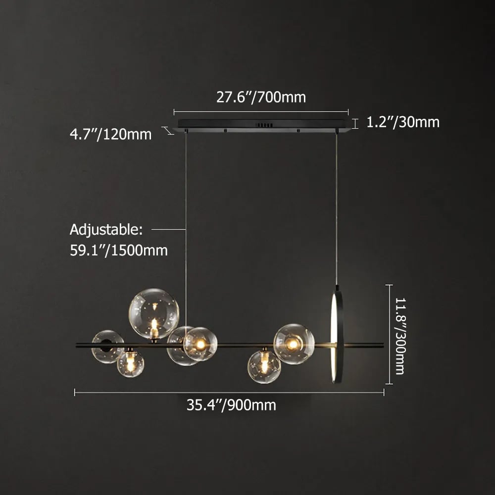 HMR Bubi Modern Linear Kitchen Island Light with Glass Globe Shade - Black, 7-Light