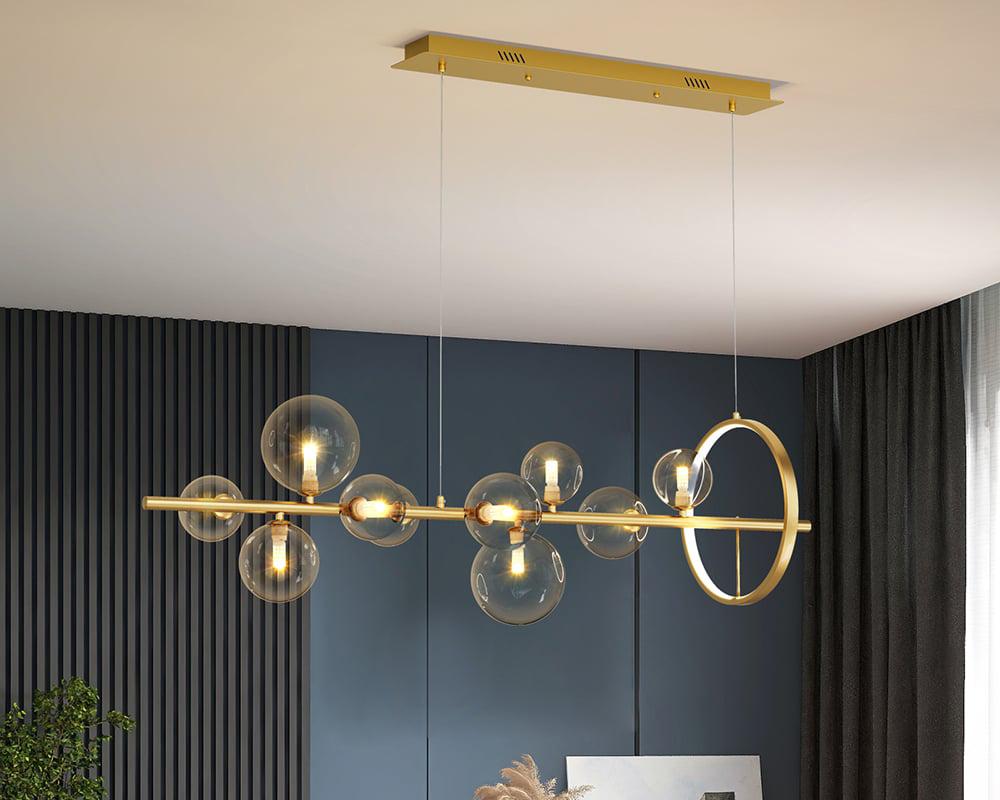HMR Bubi Modern Linear Kitchen Island Light with Glass Globe Shade - Gold, 10-Light