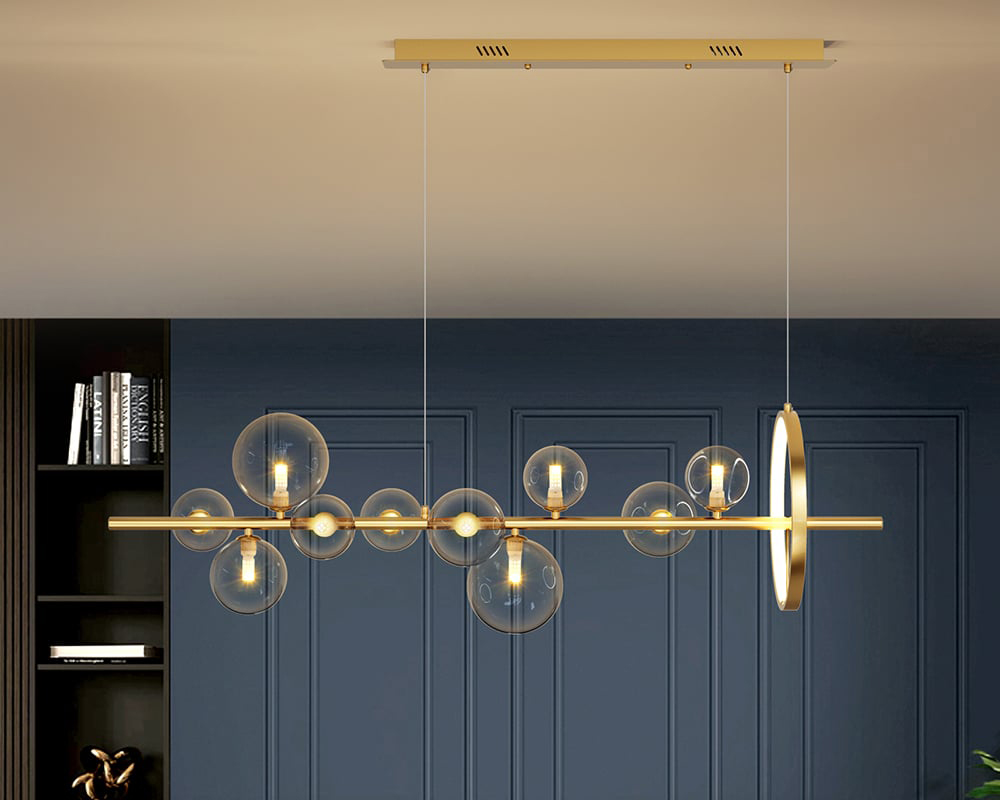 HMR Bubi Modern Linear Kitchen Island Light with Glass Globe Shade - Gold, 10-Light