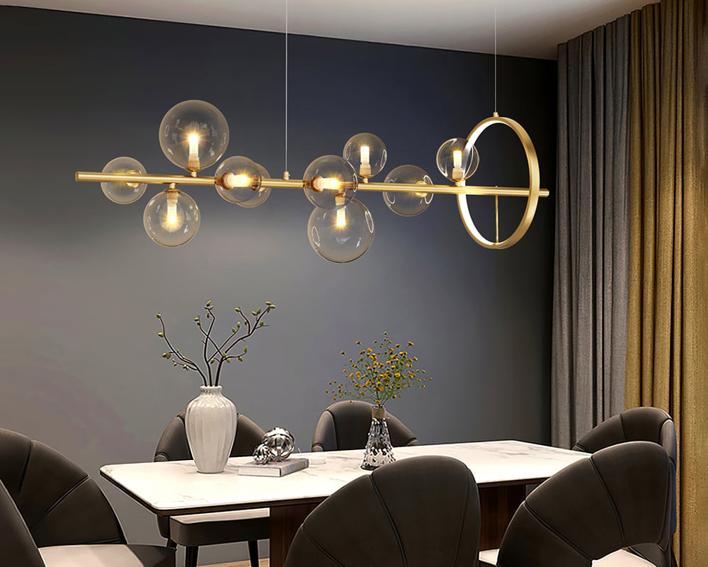 HMR Bubi Modern Linear Kitchen Island Light with Glass Globe Shade - Gold, 10-Light