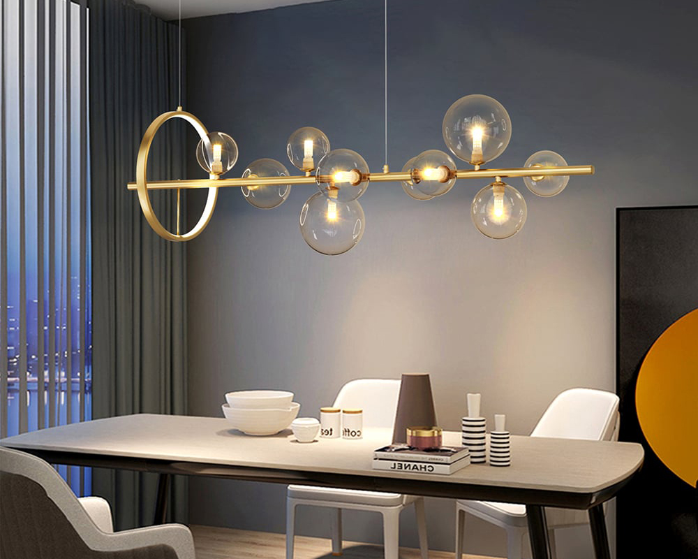 HMR Bubi Modern Linear Kitchen Island Light with Glass Globe Shade - Gold, 10-Light