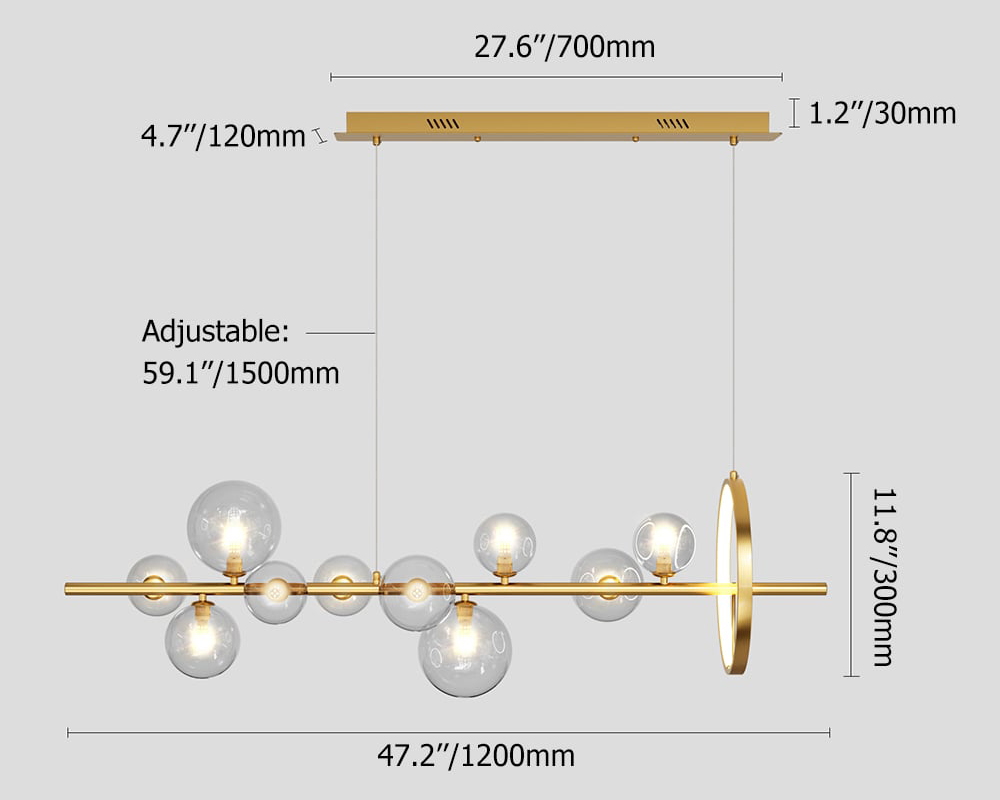 HMR Bubi Modern Linear Kitchen Island Light with Glass Globe Shade - Gold, 10-Light