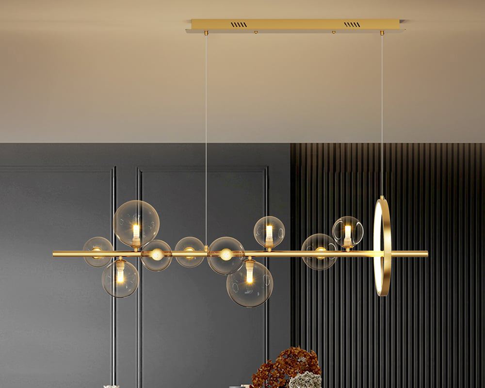 HMR Bubi Modern Linear Kitchen Island Light with Glass Globe Shade - Gold, 10-Light