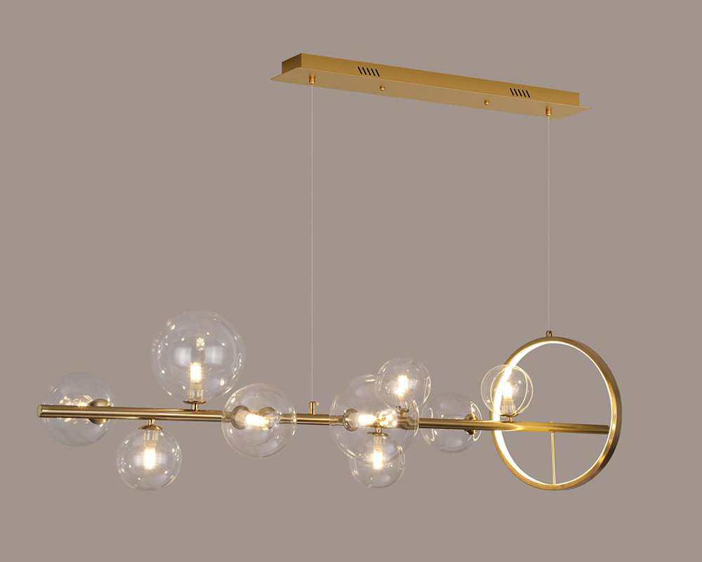 HMR Bubi Modern Linear Kitchen Island Light with Glass Globe Shade - Gold, 10-Light